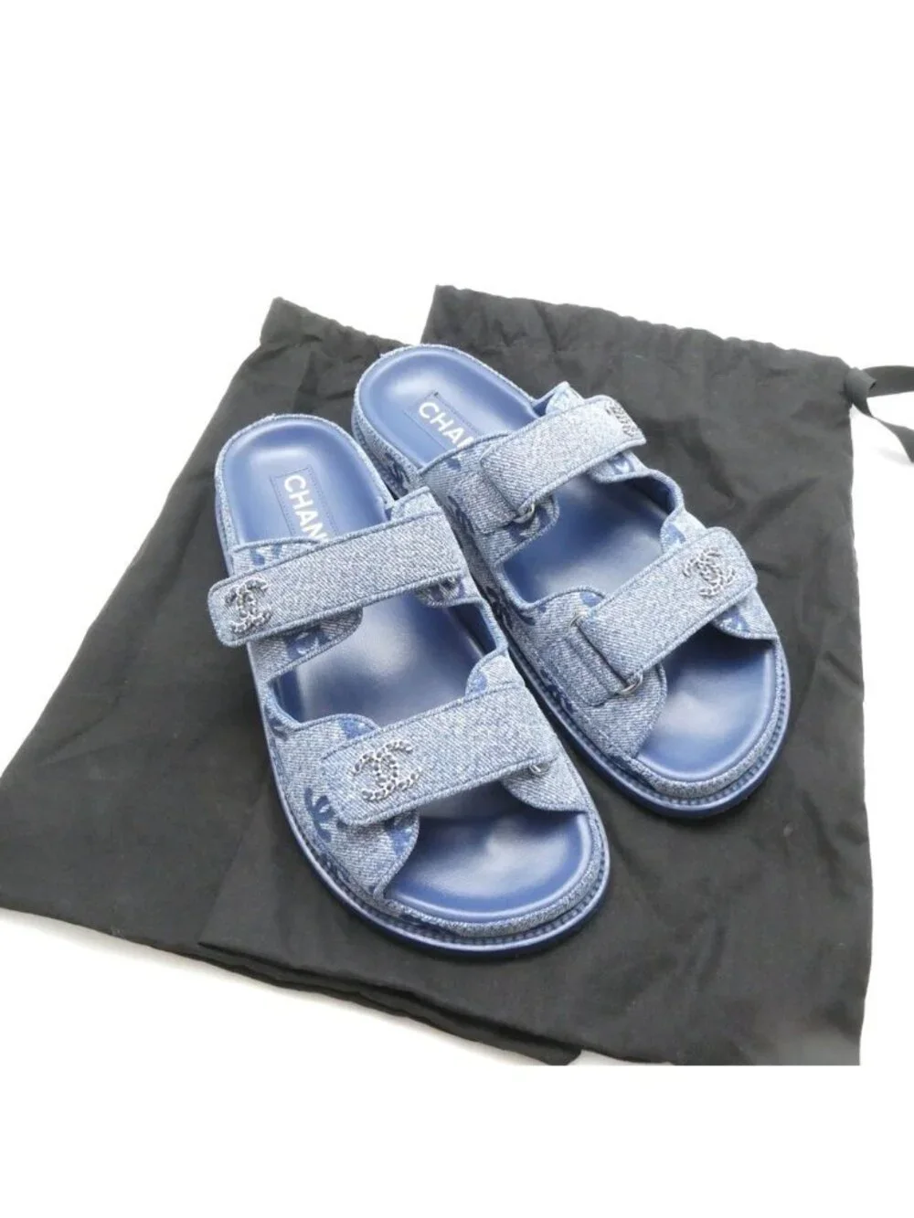 Chanel Velcro Sandals 38C Denim CC Logo Hooded